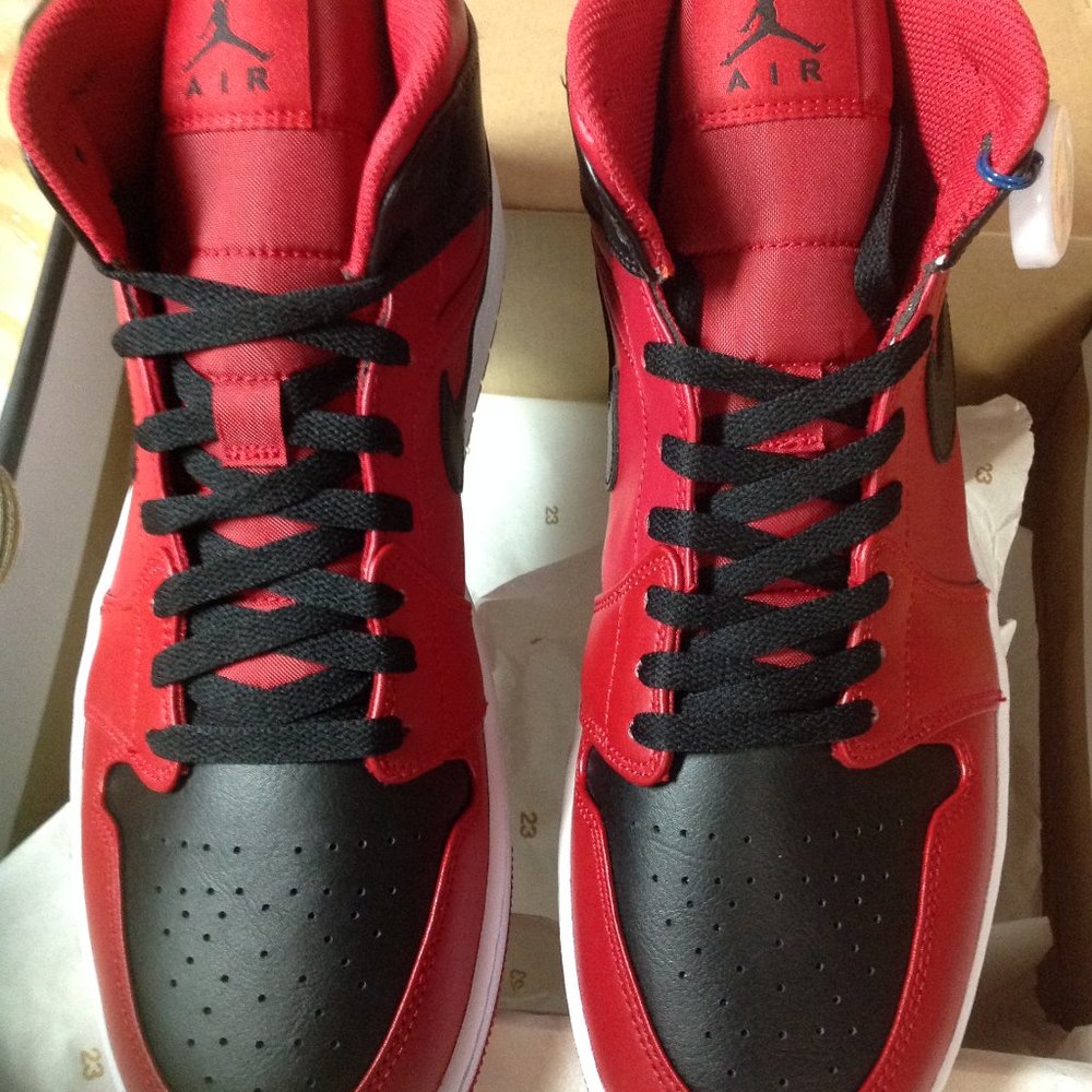 Air Jordan 1 Mid Men's Red & Black Leather Sneakers - USA Size:11.5 - New in Box